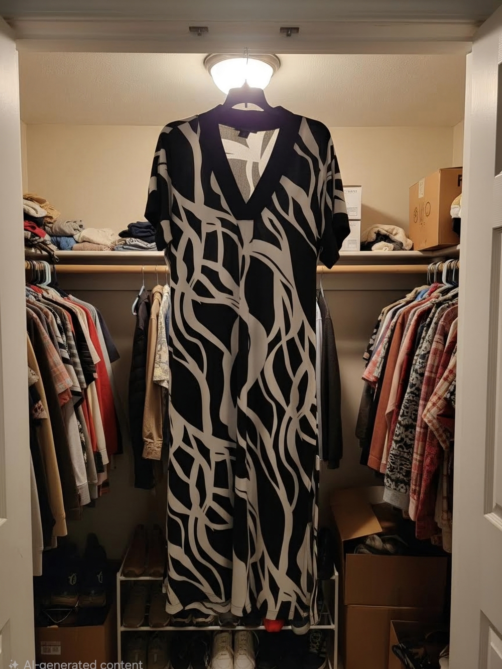 Black & White V-Neck Patterned Women's Dress